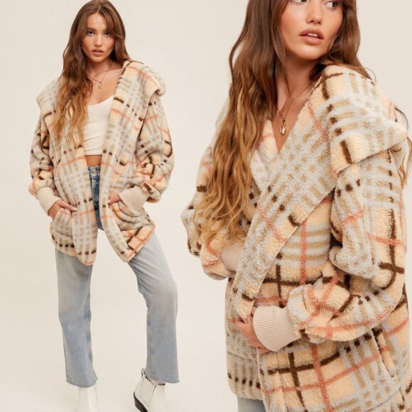 NEW Boutique Hooded Plaid Teddy Jacket Cozy Sherpa Fleece Weekend Furry Soft - Picture 1 of 6
